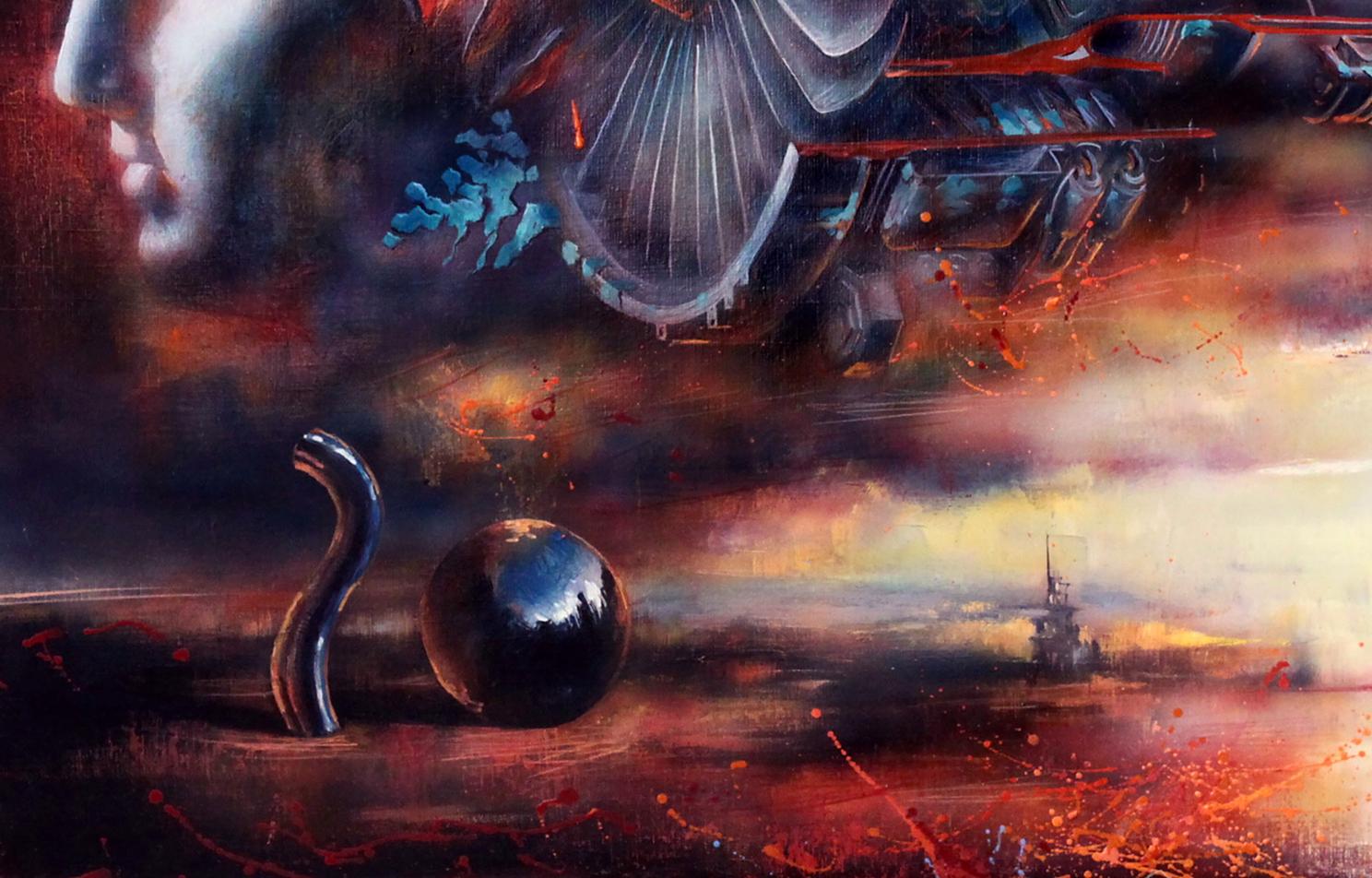 Oil painting Turbine by Alexander Dobrodiy: glossy black sphere and metallic tube on fiery ground