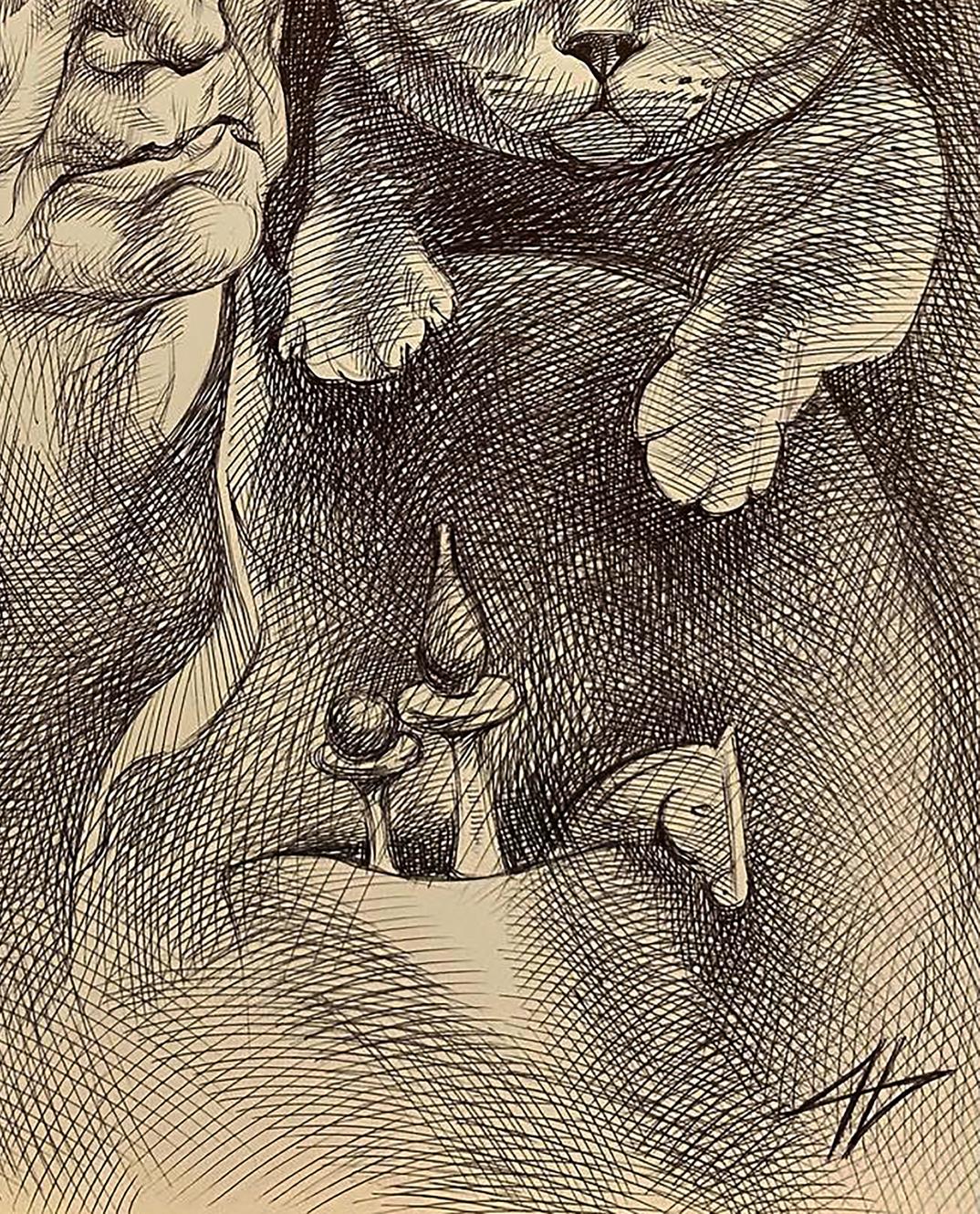 Detailed black-and-white sketch of cats face and paws with cross-hatching