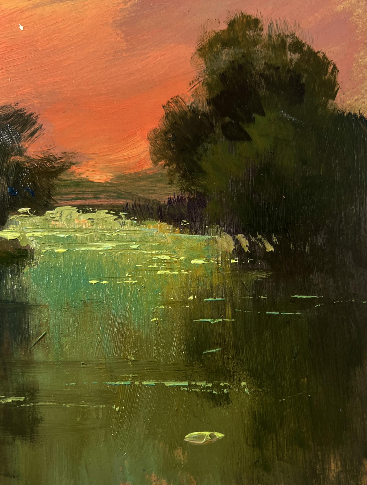 Oil painting of orange sunset over river by Yuriy Suprunchuk