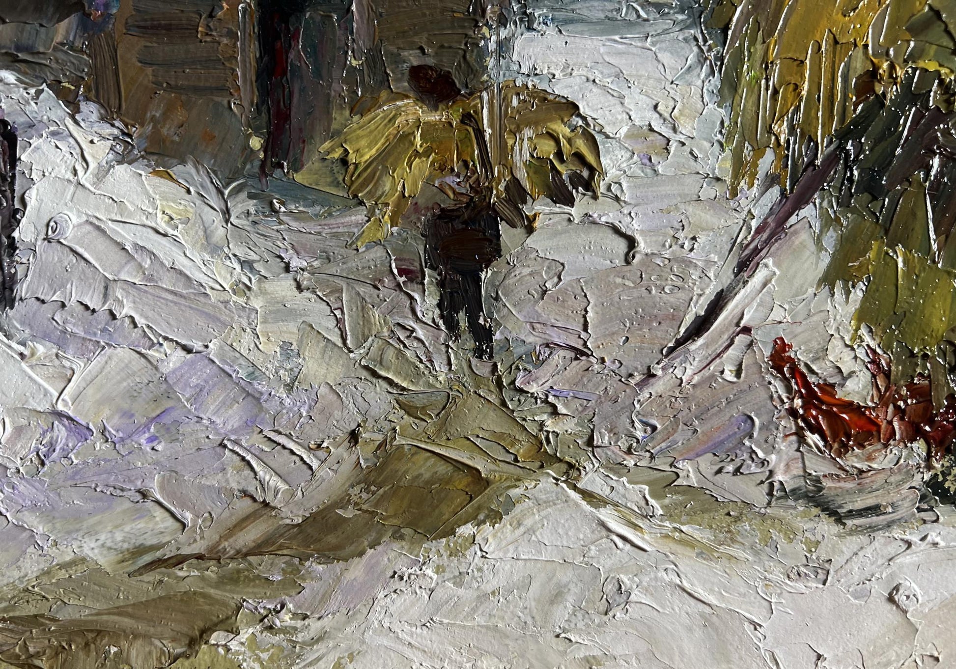 Oil painting Winter bustle in the yard by Boris Serdyuk, impressionistic solitary figure in snowy landscape