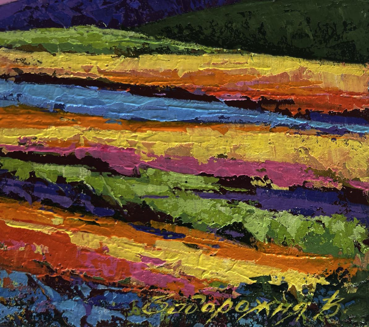 Vibrant oil painting by V. Zadorozhnya: gentle pink sunset with bold textured stripes