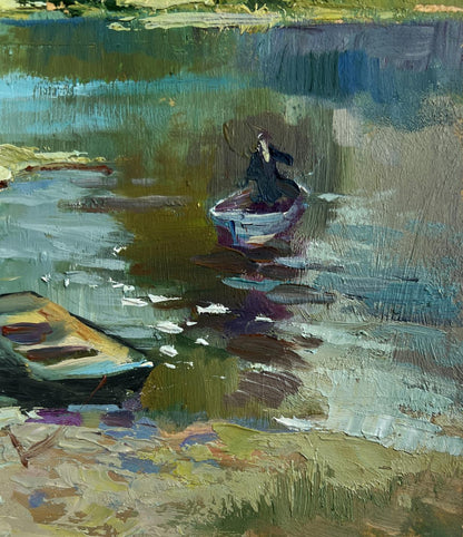 Oil painting of rowboat with dark figure on river in forest thicket by Yuriy Suprunchuk