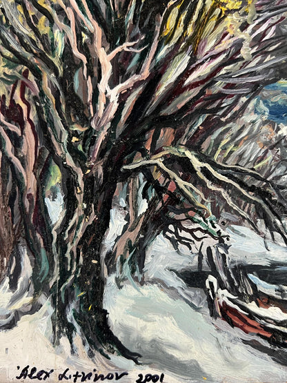 Oil painting of snow-covered winter forest stream tree by Alexander Litvinov