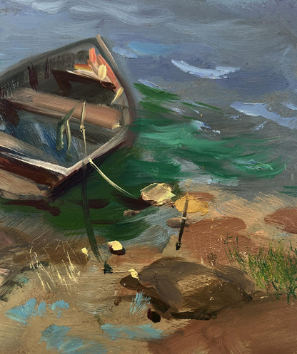 Oil painting by Yuriy Suprunchuk: weathered rowboat moored on river bank