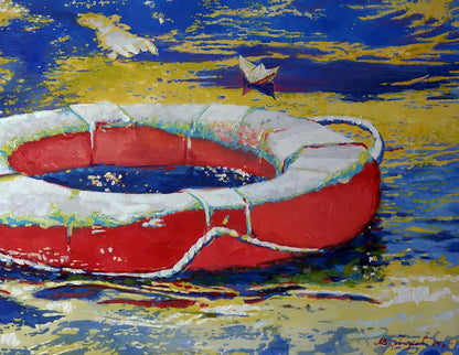 Oil painting Lifebuoy in the sea Anatoly Varvarov