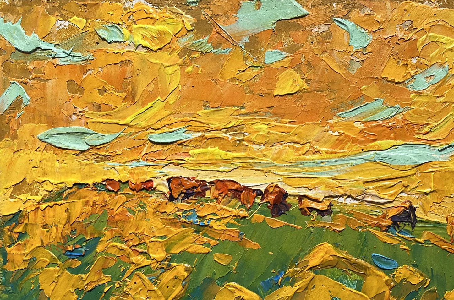 Oil painting Yellow sunset in the field by Oleksiy Ivanyuk with grazing cattle