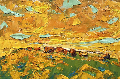 Oil painting Yellow sunset in the field by Oleksiy Ivanyuk with grazing cattle