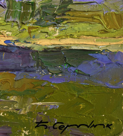 Oil painting Sunny day under a cloudy sky by Boris Serdyuk, textured green yellow purple strokes
