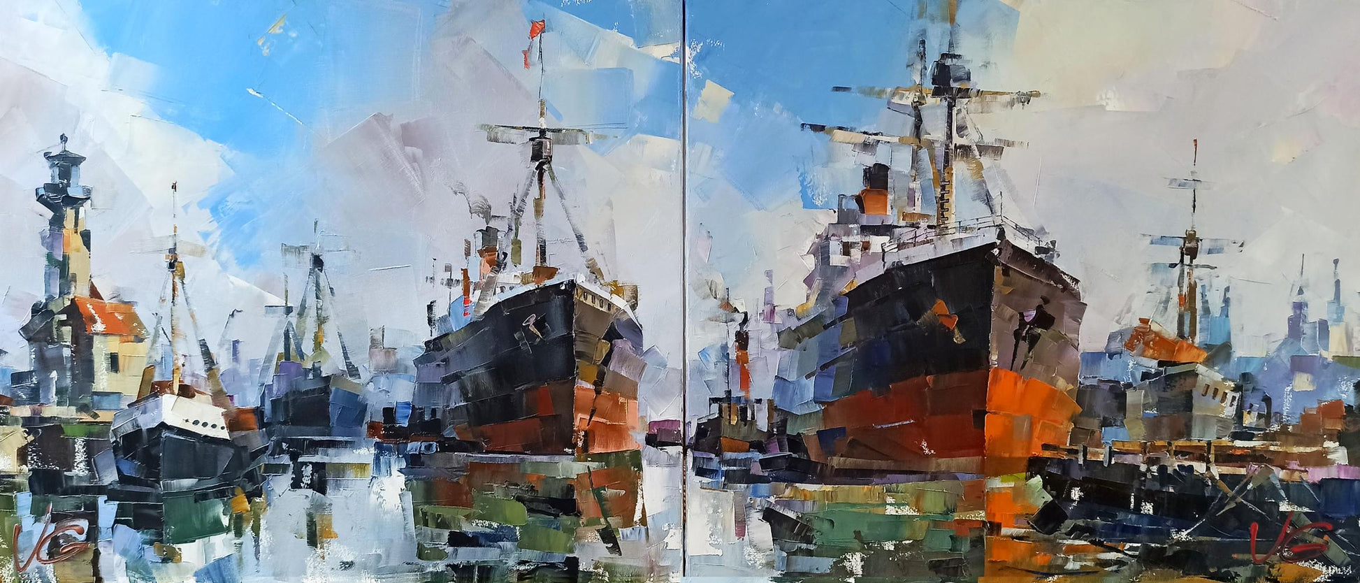 Oil painting Ships at the old lighthouse by Volodymyr Gluhomanyuk