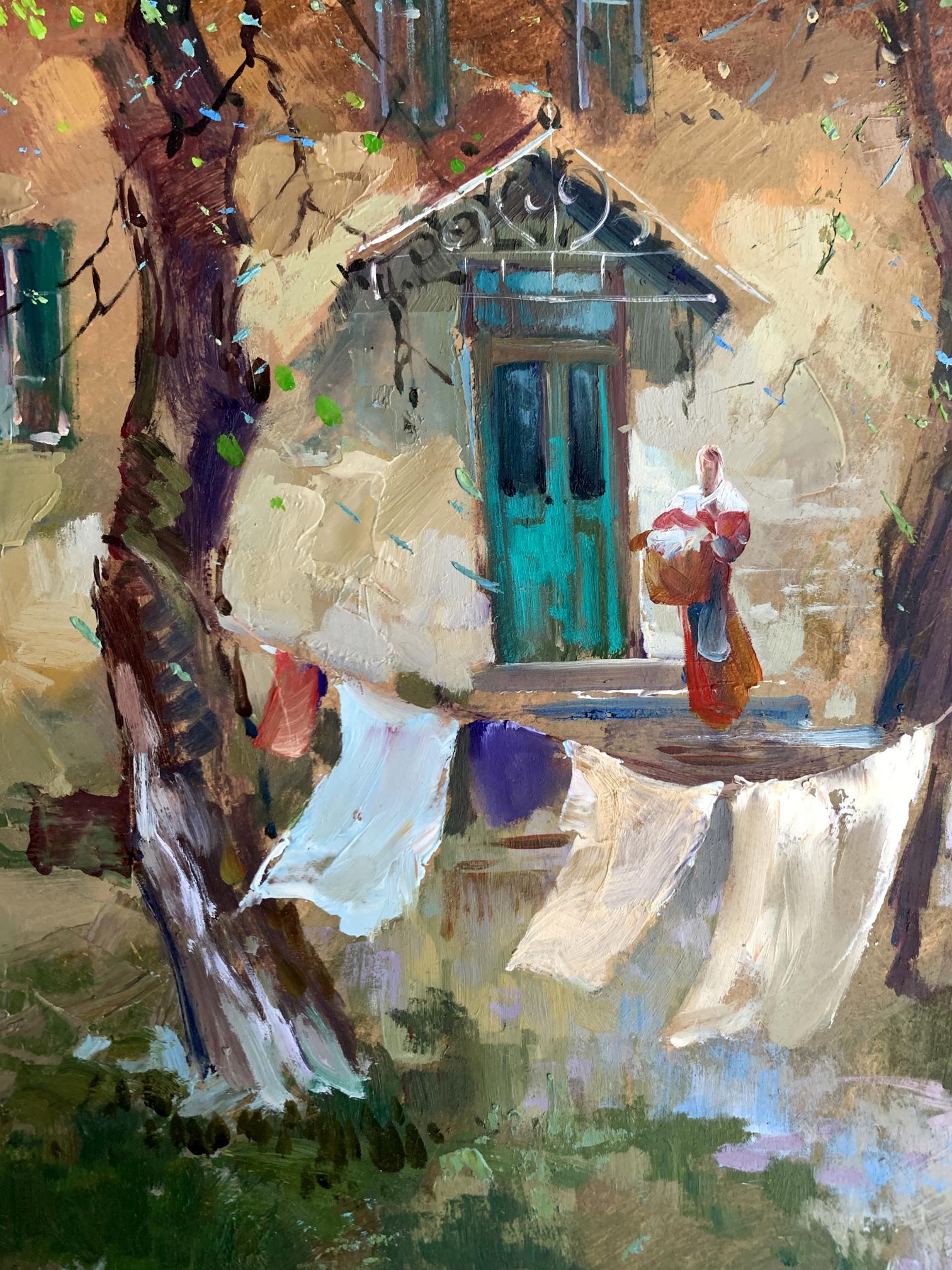 Vibrant turquoise door with ornate black trim in Yuriy Suprunchuk oil painting