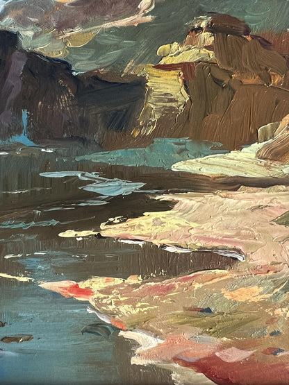 Impressionistic oil painting of rugged coast near mountains by Yuriy Suprunchuk