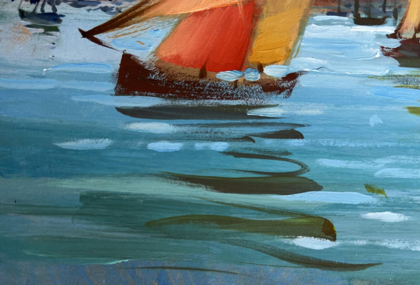 Oil painting of sailboat with red yellow sail on blue water by Yuriy Suprunchuk