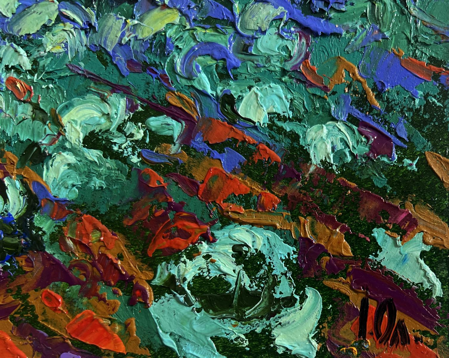 Oil painting In the Evening in the Garden by Oleksiy Ivanyuk, vibrant teal impasto