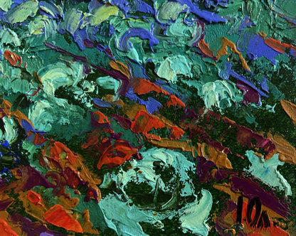 Oil painting In the Evening in the Garden by Oleksiy Ivanyuk, vibrant teal impasto