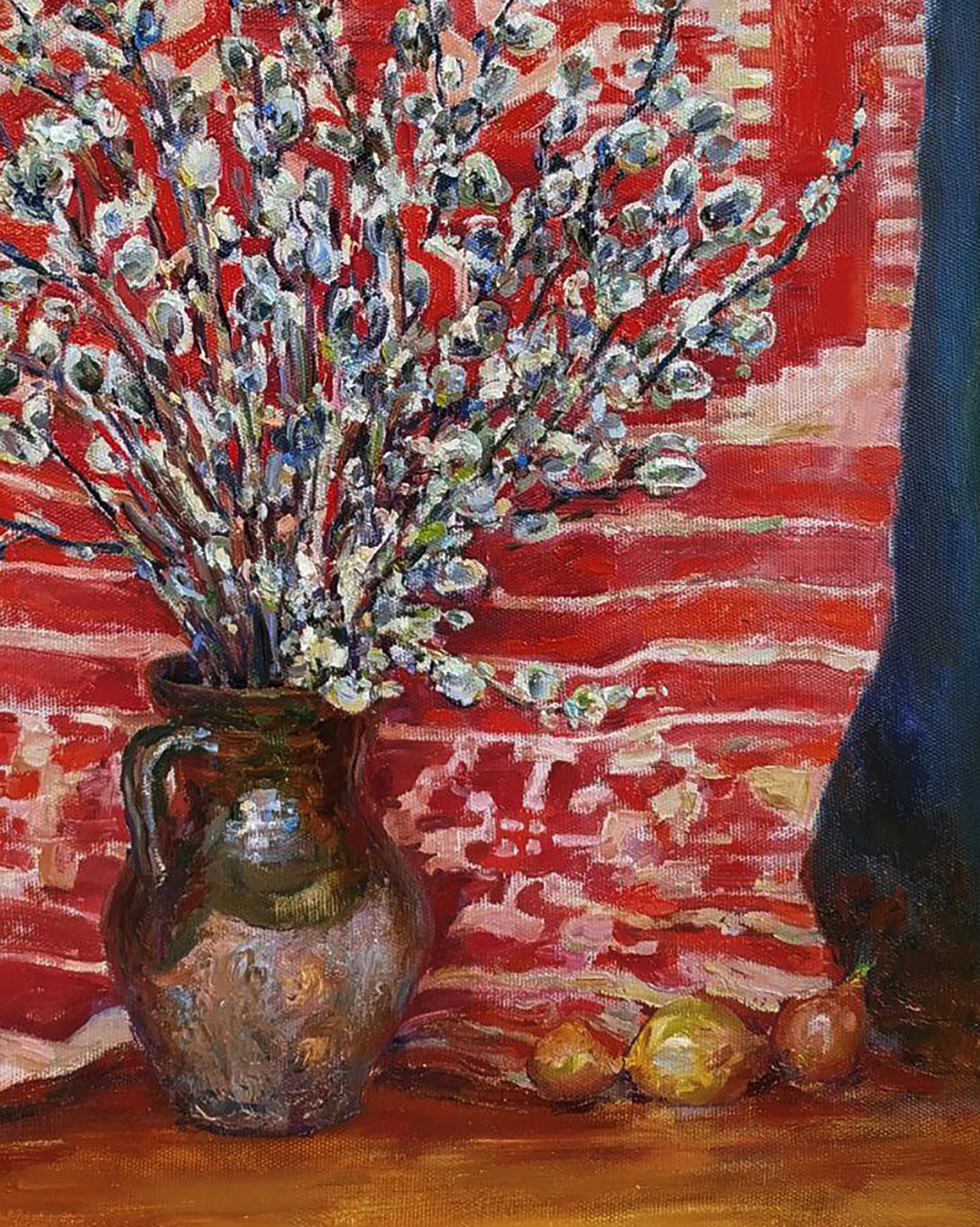 Oil painting Awakening of Spring by Leonid Pavlenko: rustic jug with catkins