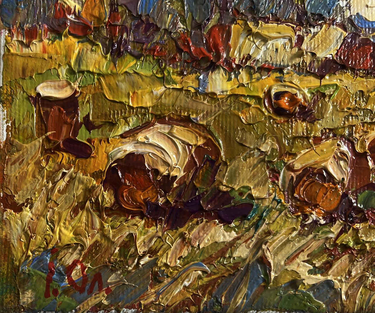 Impasto oil painting of sunflowers and haystacks in field by Oleksiy Ivanyuk