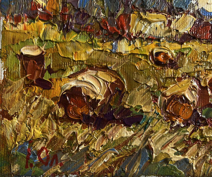 Impasto oil painting of sunflowers and haystacks in field by Oleksiy Ivanyuk
