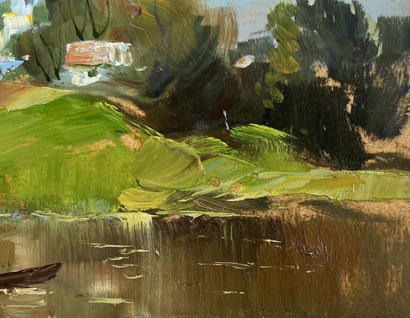 Impressionist oil painting by Yuriy Suprunchuk with green hills, river, church