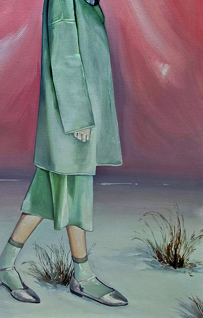 Muted sage green long-sleeved coat by Igor Konovalov, relaxed fit tiered hem