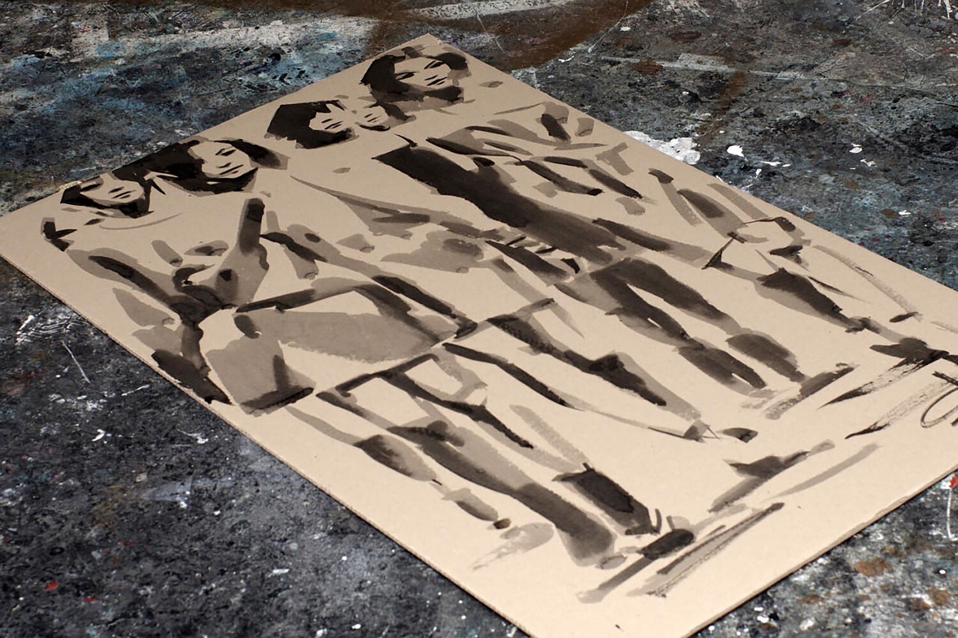 Sepia-toned ink drawing of walking girls by Dima Filatov on paper