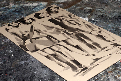 Sepia-toned ink drawing of walking girls by Dima Filatov on paper