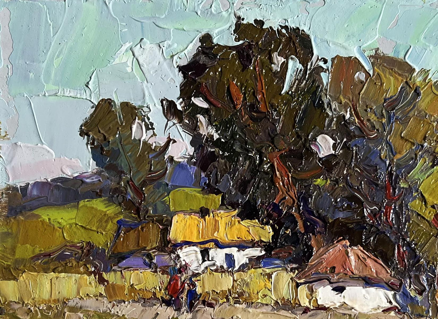 Impasto oil painting of village houses by Oksana Ivanyuk in earthy tones