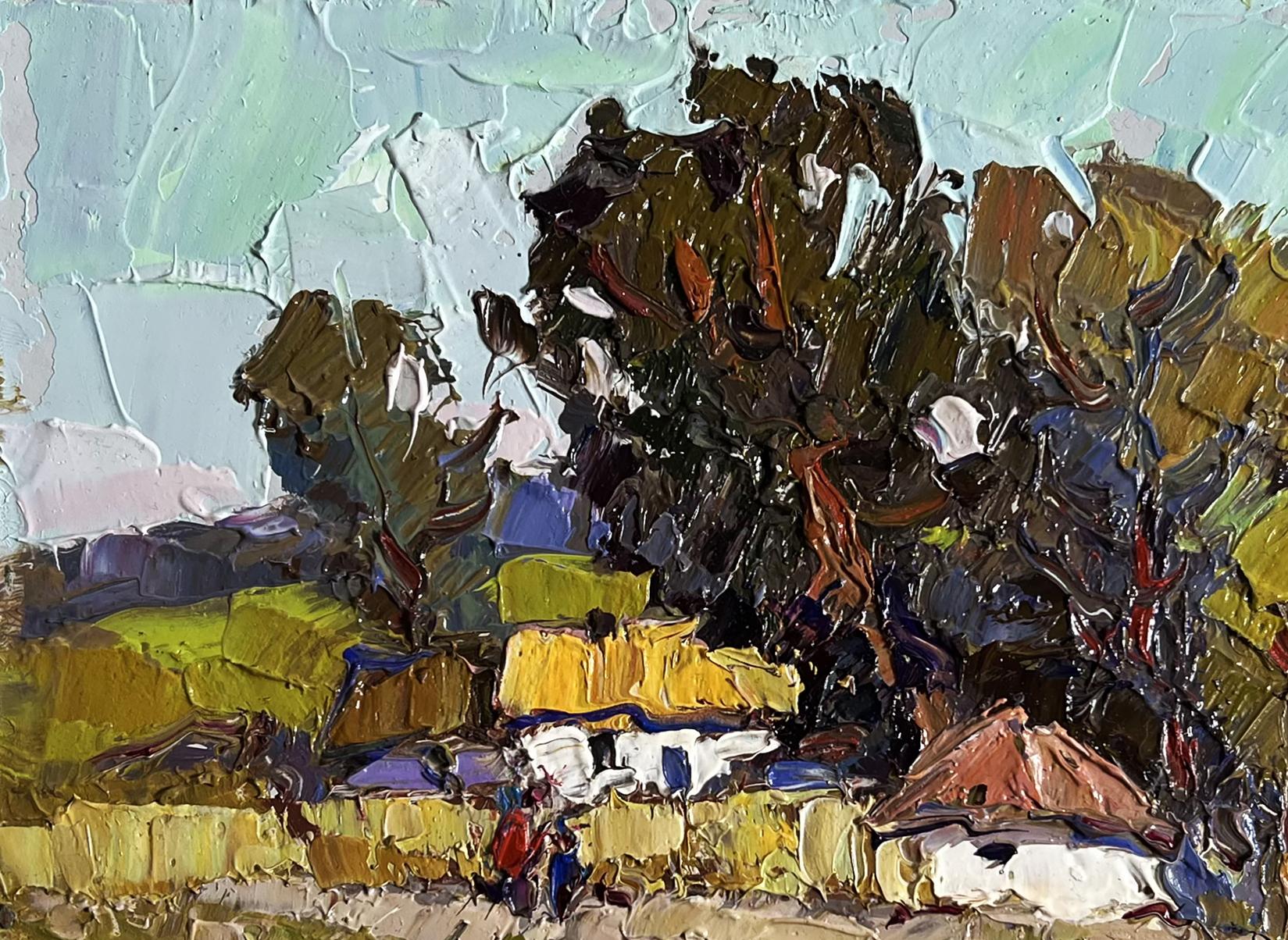 Impasto oil painting of village houses by Oksana Ivanyuk in earthy tones