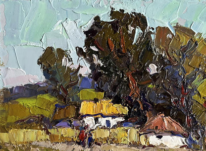 Impasto oil painting of village houses by Oksana Ivanyuk in earthy tones