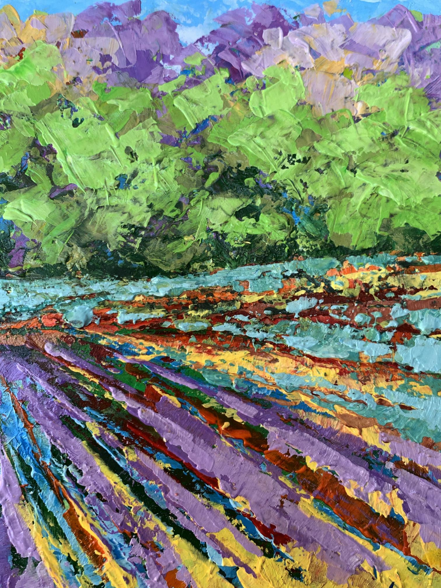 Vibrant impressionist oil painting of sunny lavender field near forest by V. Zadorozhnya