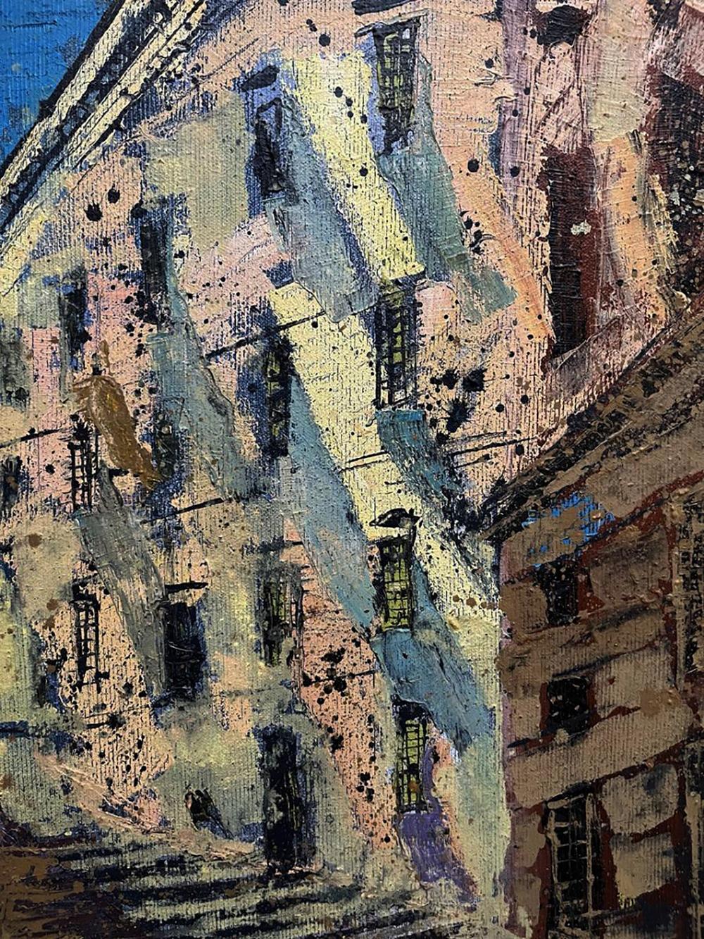 Abstract oil painting Some Street by Serhiy Kovalev, textured blue pink facade