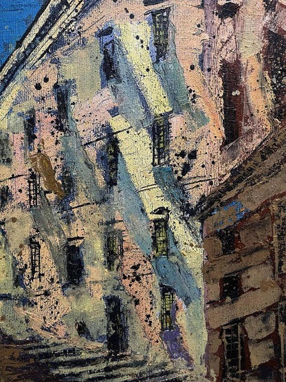 Abstract oil painting Some Street by Serhiy Kovalev, textured blue pink facade