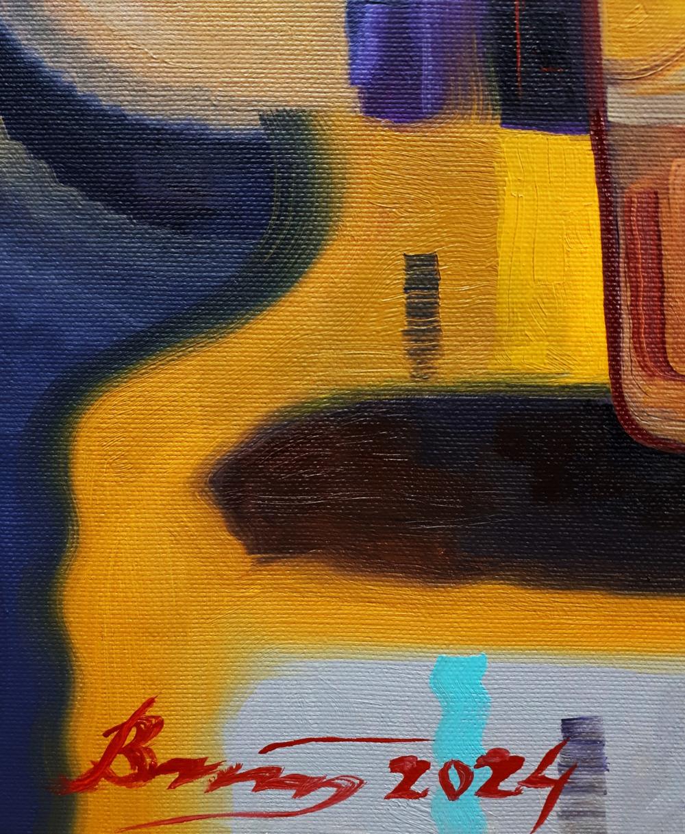 Oil painting Coffee time by Sergiy Voichenko with bold yellow blue black strokes