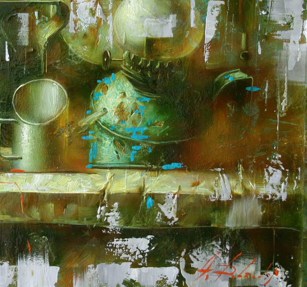 Impressionistic oil painting of weathered green teapot by Alexander Dobrodiy