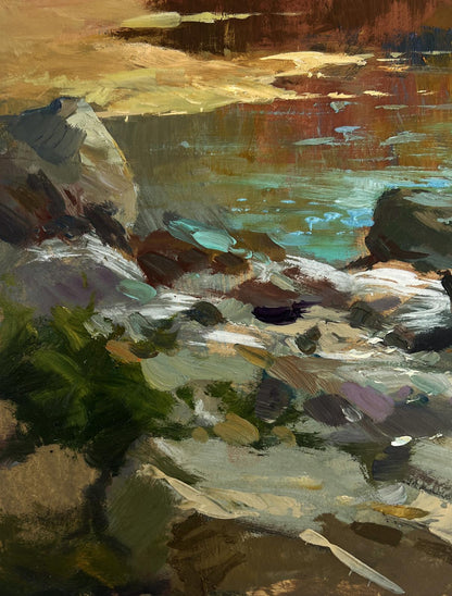 Impressionistic oil painting by Yuriy Suprunchuk of rocky shoreline