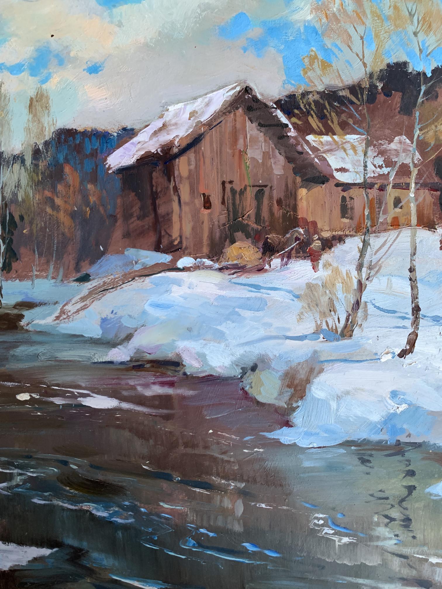 Rustic barn by river after snowstorm, Yuriy Suprunchuk oil painting