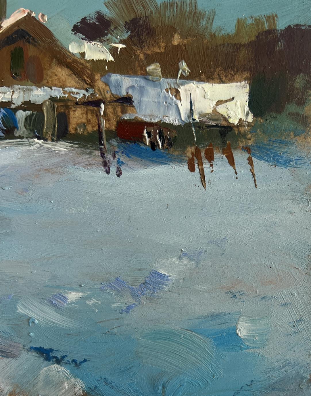 Textured impressionist oil painting of snowy winter path by Yuriy Suprunchuk