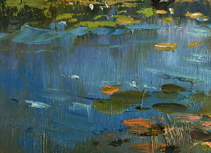 Oil painting Crossing to the other bank by Yuriy Suprunchuk, textured lily pads in blue green orange