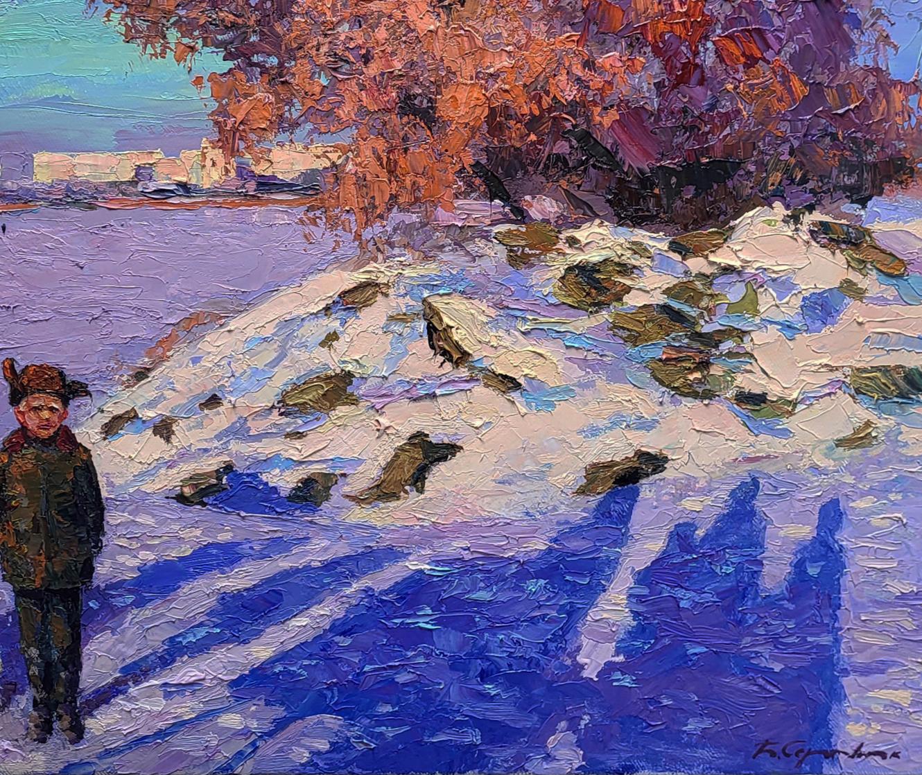 Oil painting by Boris Serdyuk: child in winter coat under autumn tree on snow