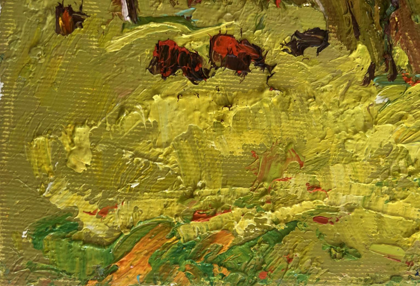 Vibrant yellow green impasto summer meadows oil painting by Oleksiy Ivanyuk