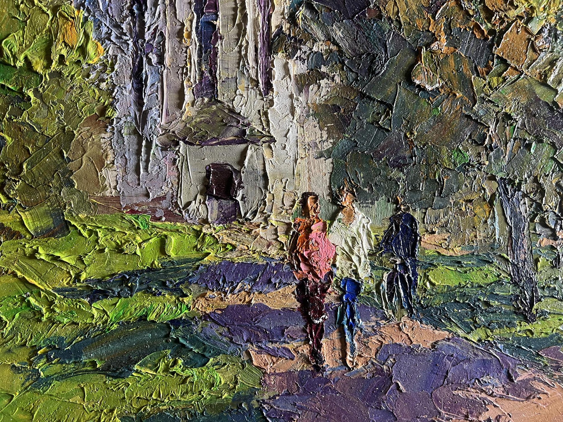 Oil painting Morning near the temple by Boris Serdyuk, impressionistic forest path