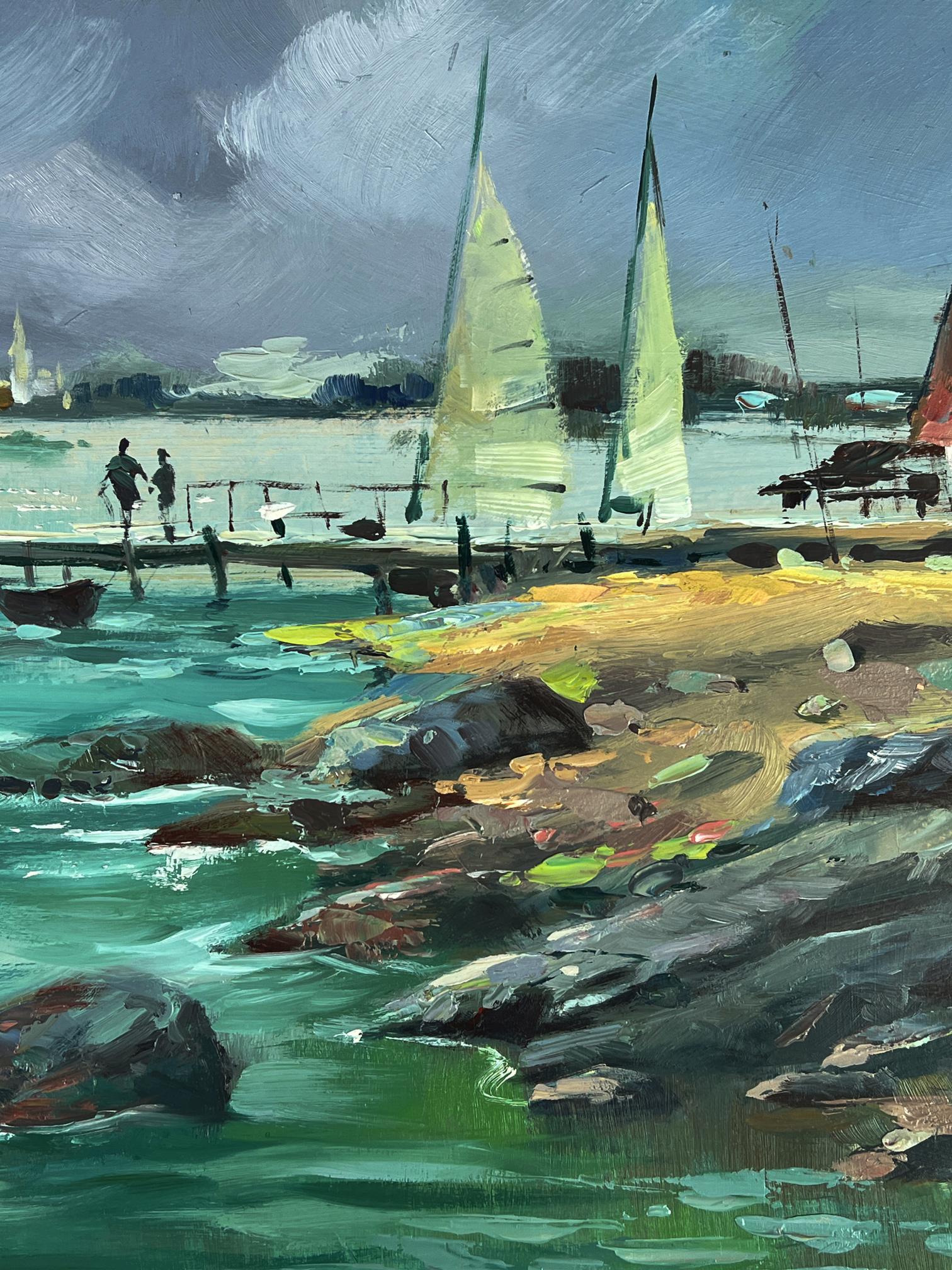 Vibrant impressionist oil painting by Yuriy Suprunchuk: sea boats at pier