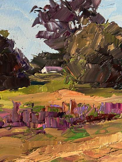 Oil painting In the summer meadows by Boris Serdyuk with purple foliage and hills