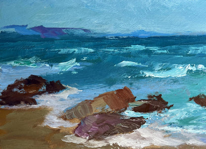Oil painting of turbulent waves crashing on rocks with lonely sailboat by Yuriy Suprunchuk