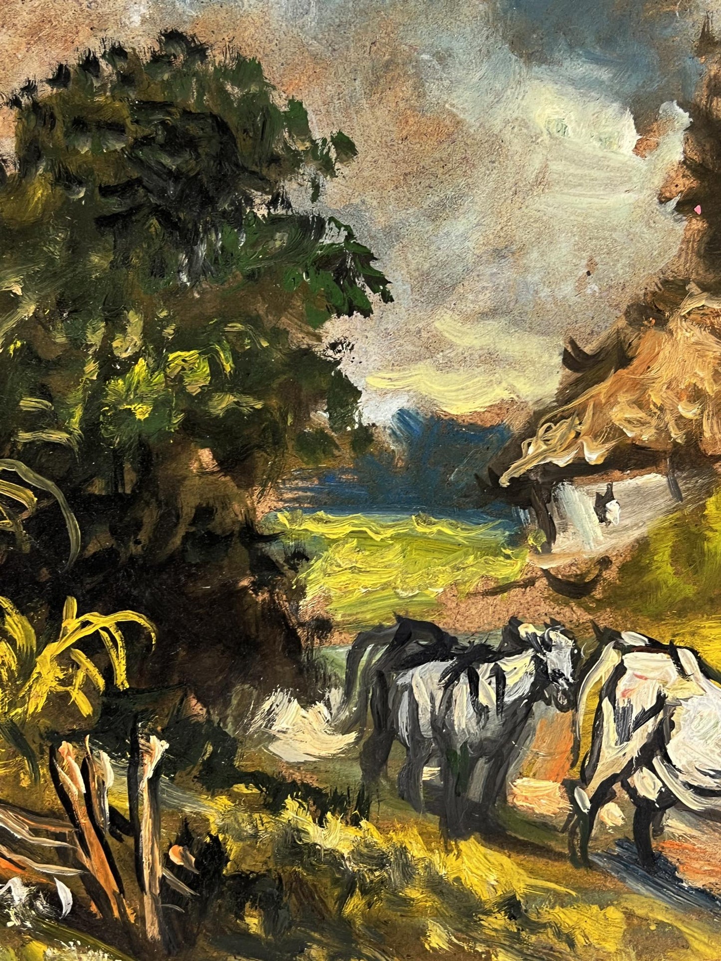 Oil painting of village cows in field by Alexander Litvinov