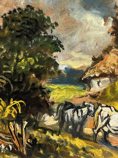 Oil painting of village cows in field by Alexander Litvinov