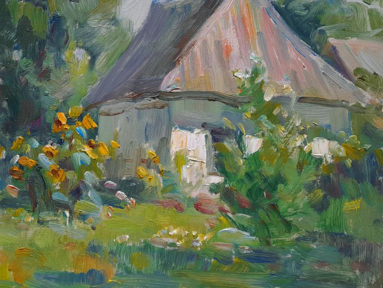 Oil painting The hidden hut by Ivan Kovalenko: rustic thatched cottage in green foliage and yellow flowers