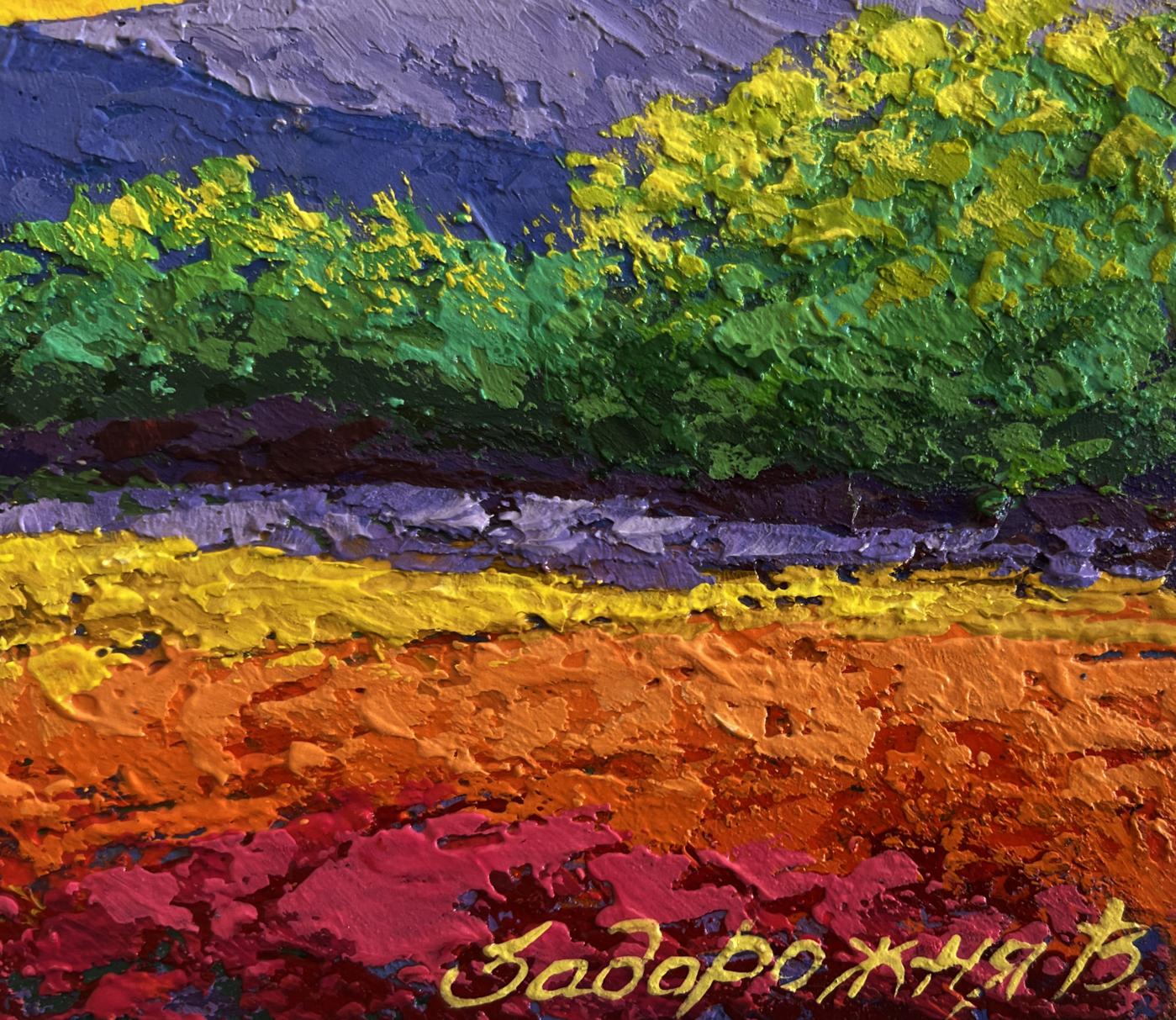 Oil painting Warm evening wind V. Zadorozhnya with vibrant green yellow orange purple bands