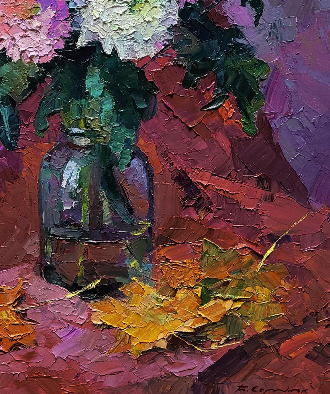 Oil painting of Boris Serdyuk bouquet of purple red chrysanthemums