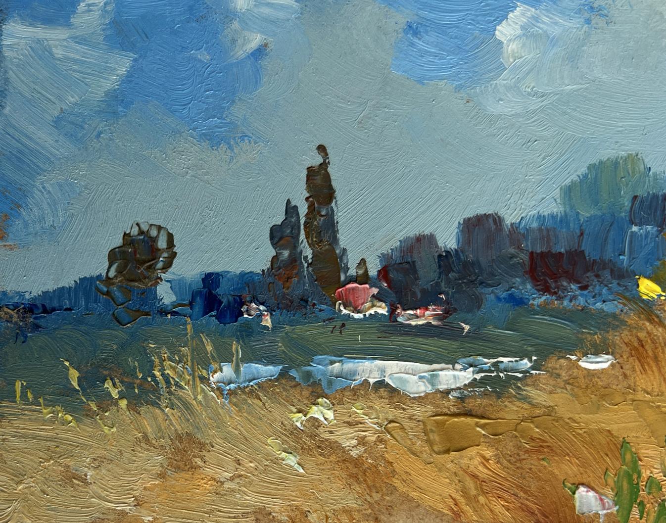 Impressionistic oil painting of sunflowers reaching for blue sky by Yuriy Suprunchuk