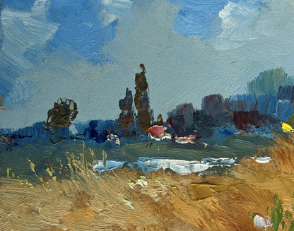 Impressionistic oil painting of sunflowers reaching for blue sky by Yuriy Suprunchuk